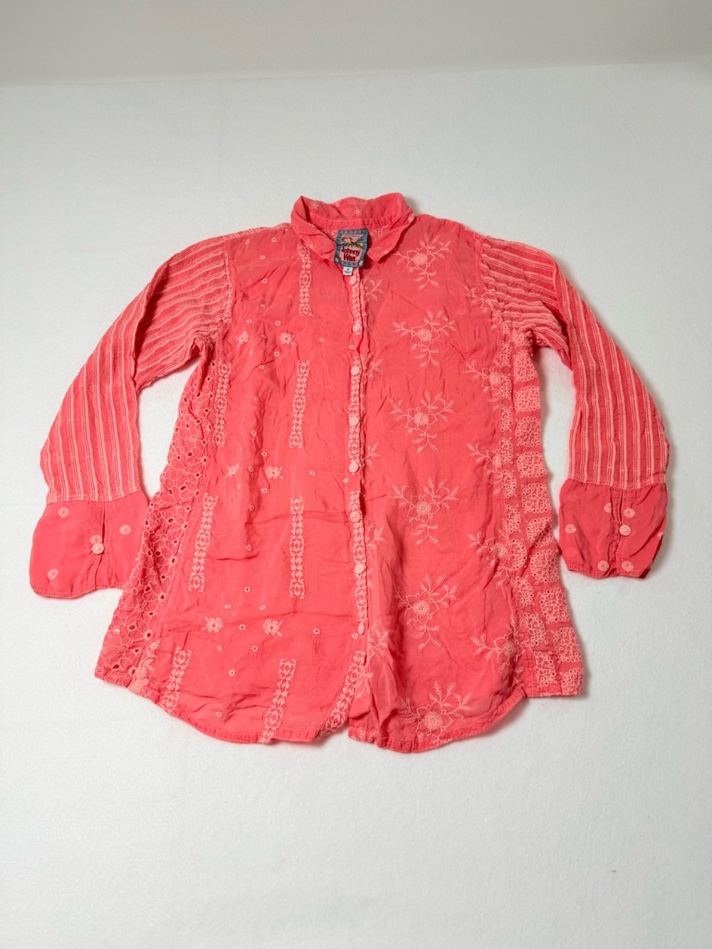 Johnny Was Coral Pink Embroidered Button-Down Shirt - Picture 2 of 6